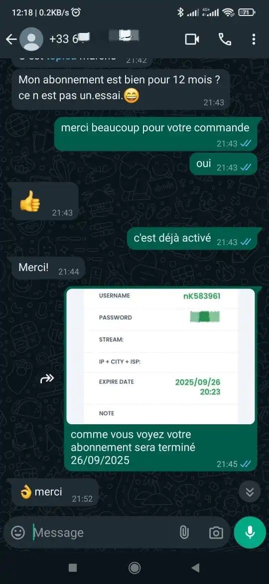 Capture écran avis client WhatsApp iptvbelgie