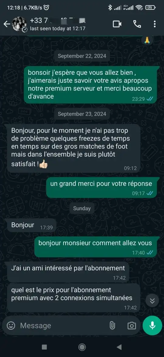 Capture écran avis client WhatsApp iptvbelgie