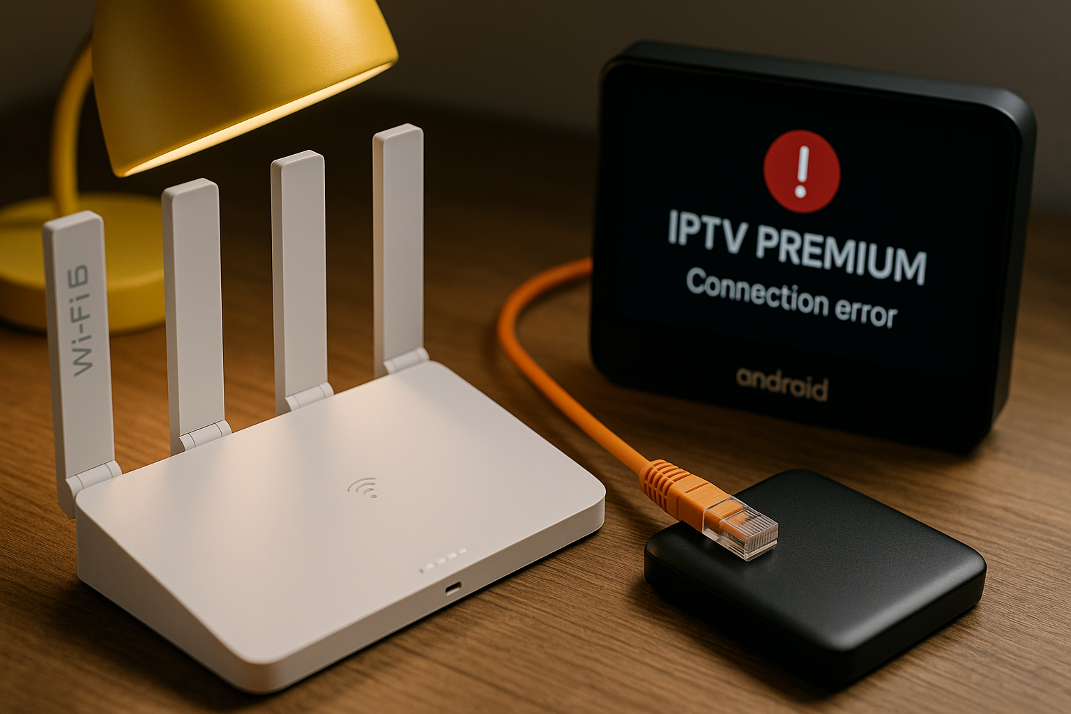 Routeur et box Android affichant une erreur de connexion iptv premium lors d'un diagnostic réseau