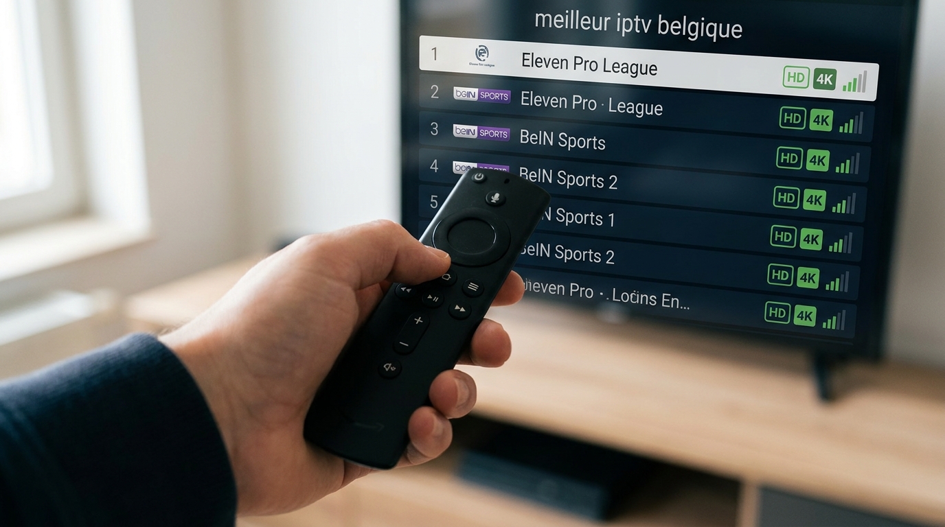 Télécommande Firestick pointée vers écran affichant meilleur iptv belgique avec liste de chaînes sportives et badges qualité