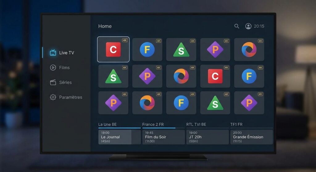 A smart TV displaying a dark-themed French IPTV provider