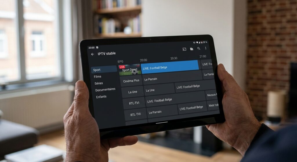 IPTV stable app interface on a tablet screen showing an EPG