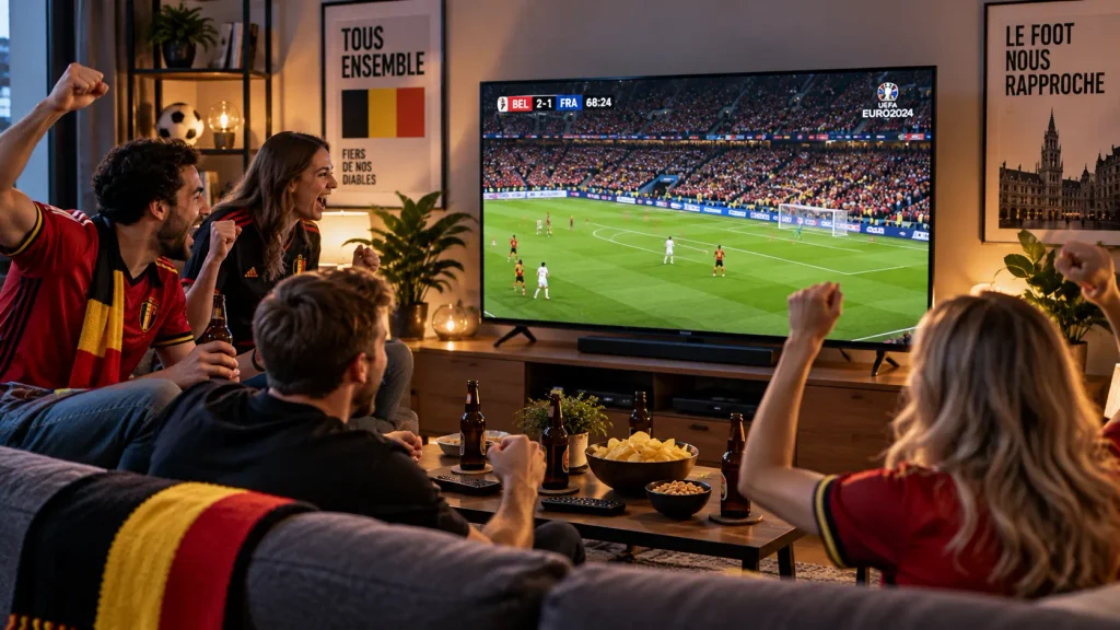 Groupe de personnes regardant un match de football à la télévision en Belgique