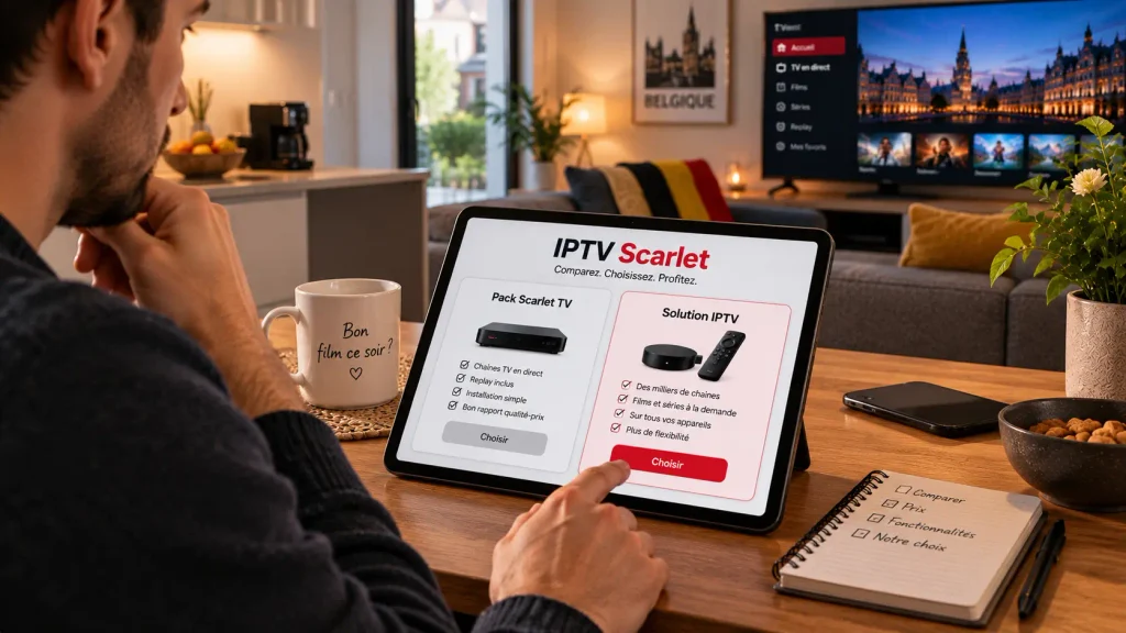 Personne comparant une offre TV classique et un abonnement IPTV sur une tablette en Belgique