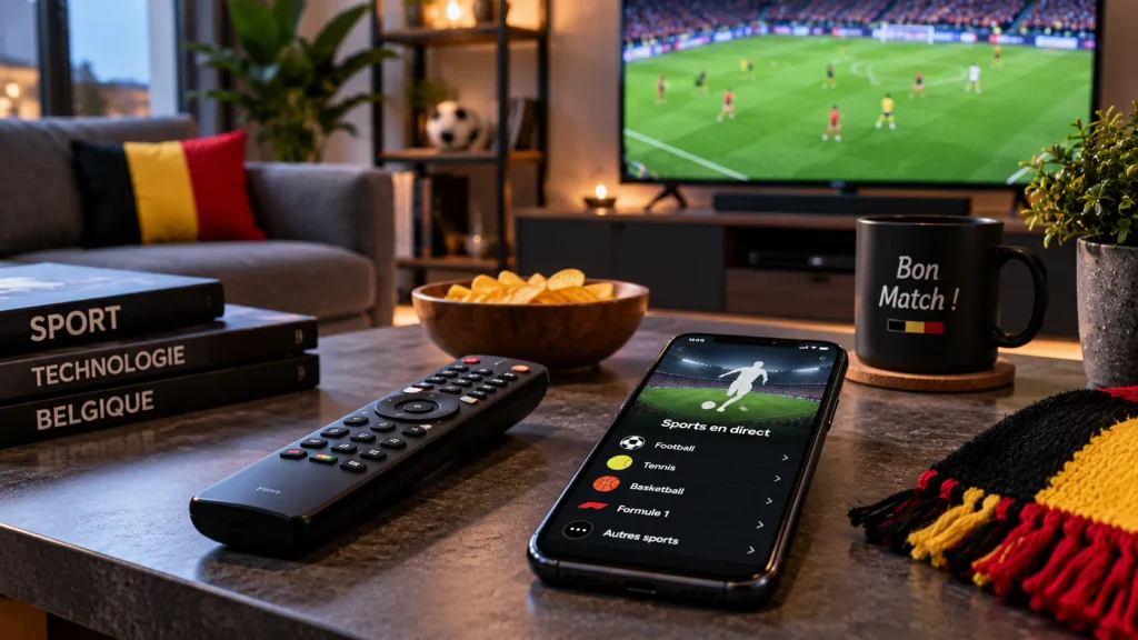 Télécommande et smartphone illustrant les différentes façons de suivre le foot belge en streaming