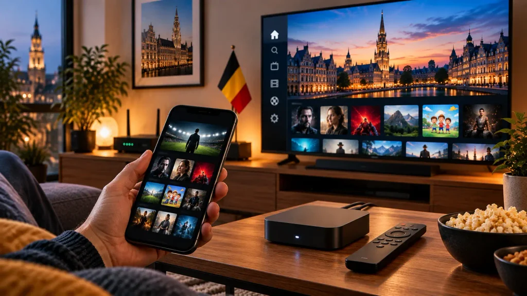  Smartphone et boîtier de streaming connectés à une télévision pour illustrer le fonctionnement d'un abonnement IPTV