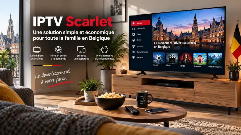 Salon belge simple avec télévision illustrant le choix entre l'offre Scarlet et un abonnement IPTV