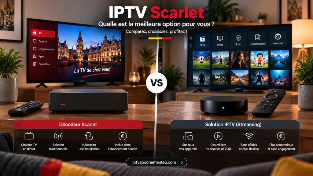 Comparaison entre un décodeur télécom classique et un appareil de streaming pour illustrer Scarlet face à l'IPTV