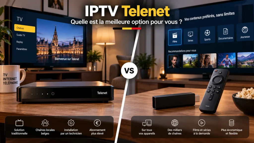 Comparaison visuelle entre une box TV classique et une solution IPTV pour la télévision en Belgique