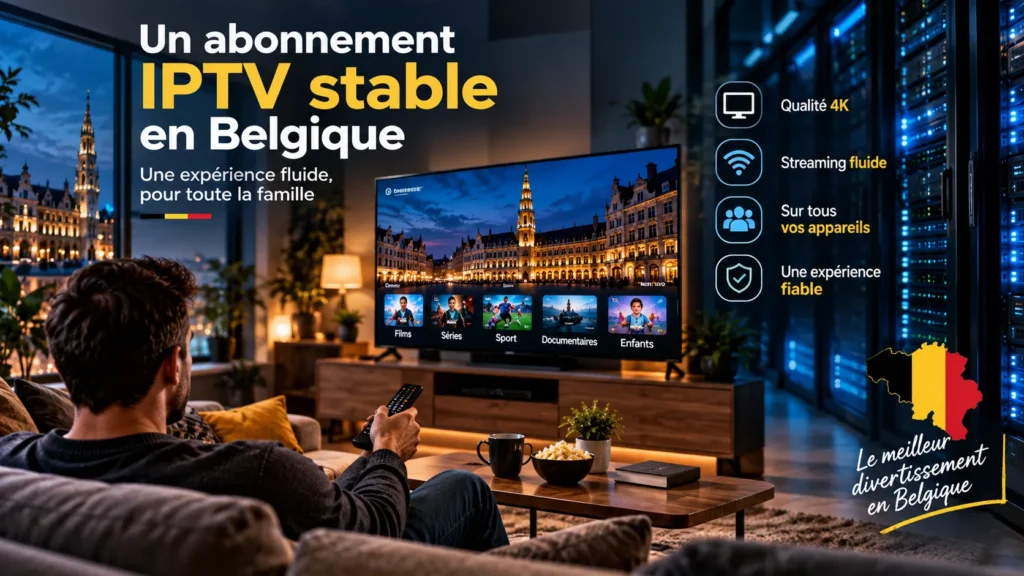 Salon avec Smart TV diffusant un flux aboonement IPTV stable en soirée