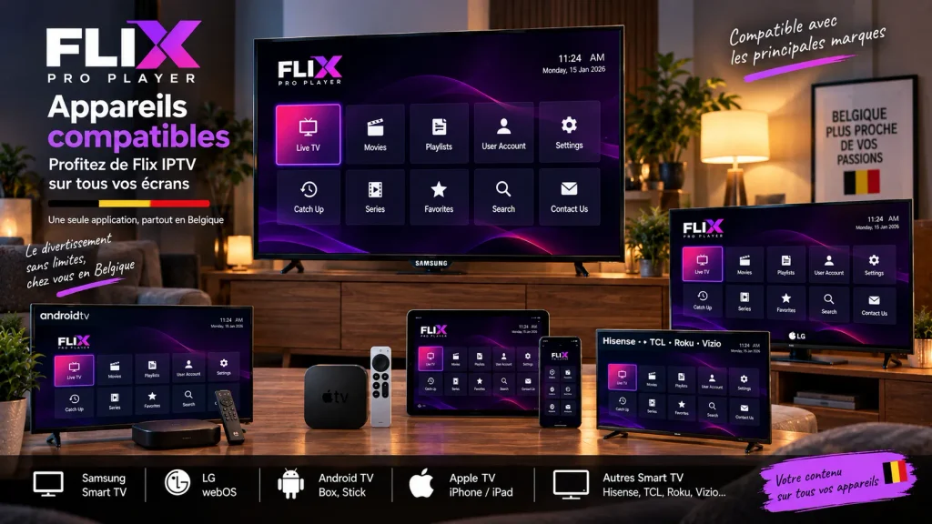 Flix IPTV Belgique compatible Samsung LG Android TV Apple TV et autres Smart TV