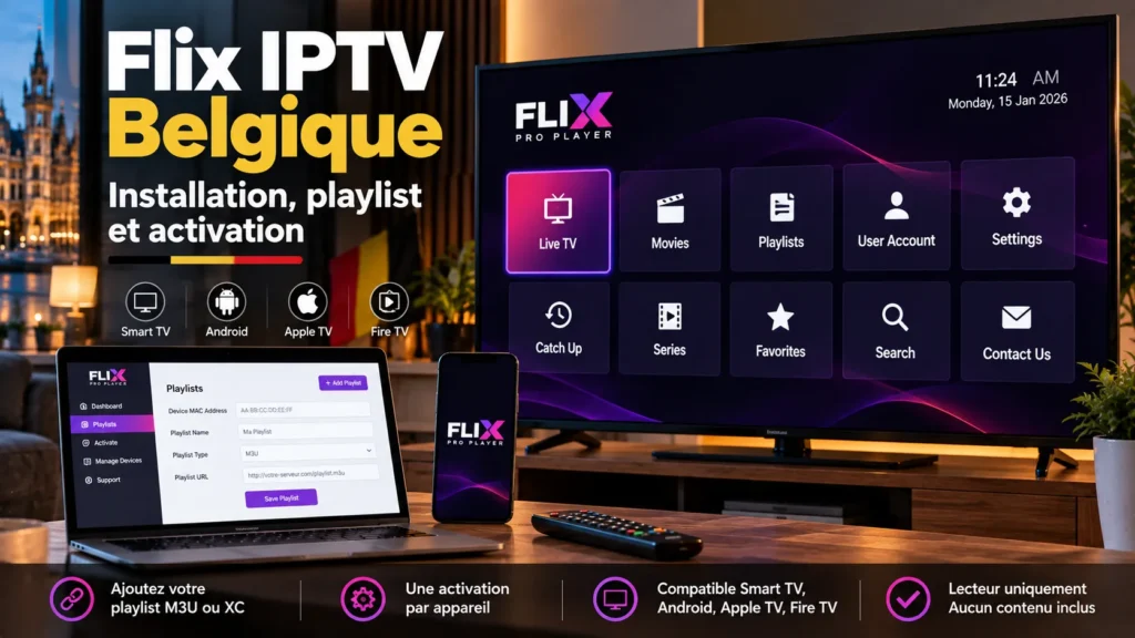 Flix IPTV Belgique : installation, playlist et activation du lecteur