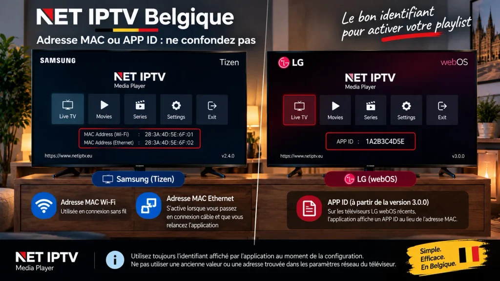 NET IPTV Belgique : trouver l’adresse MAC ou l’APP ID sur Samsung et LG