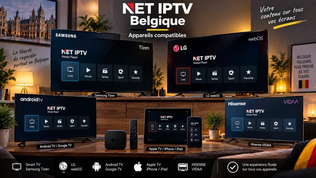 NET IPTV Belgique compatible Samsung LG Android TV Apple TV et Hisense VIDAA