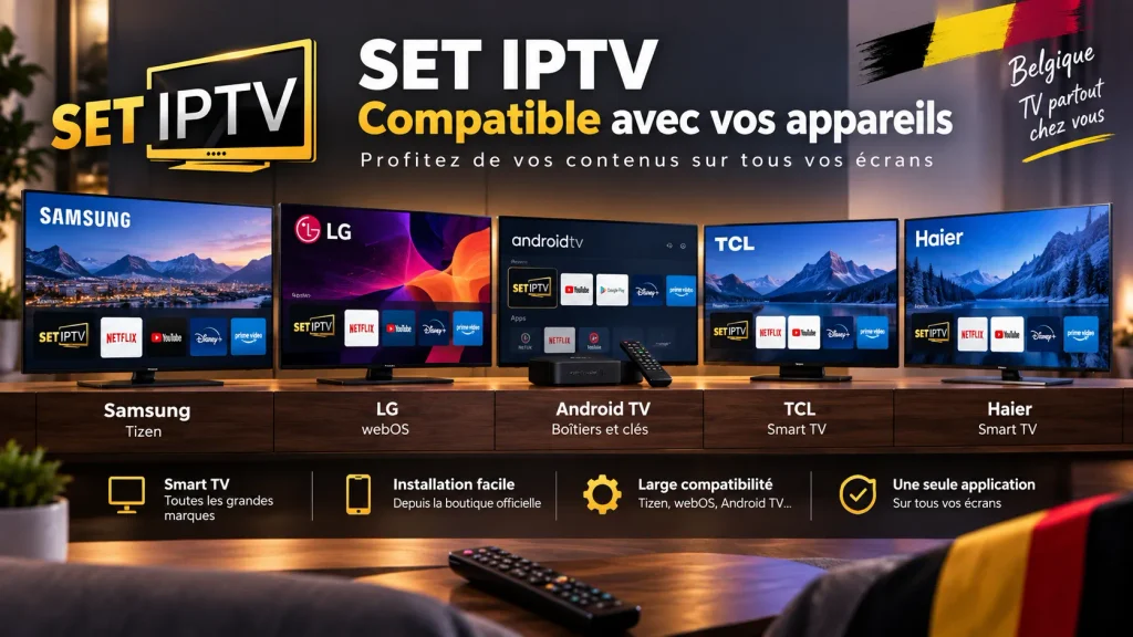 SET IPTV Belgique compatible avec Samsung, LG, Android TV, TCL et Haier