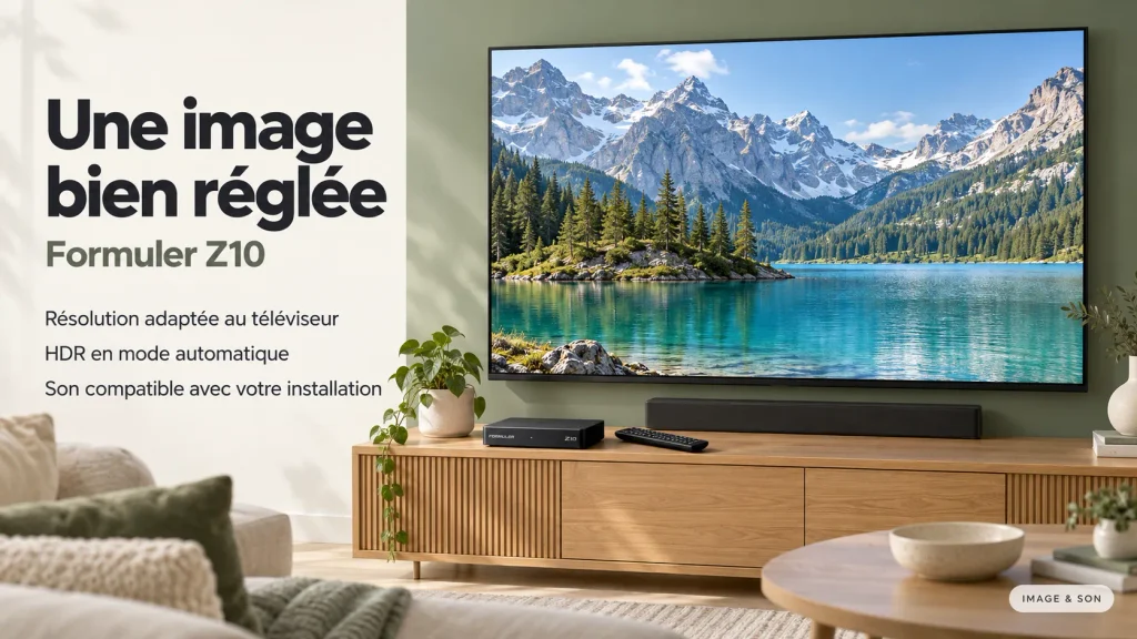Formuler Z10 avec téléviseur et barre de son, illustrant les réglages de résolution, HDR et audio.